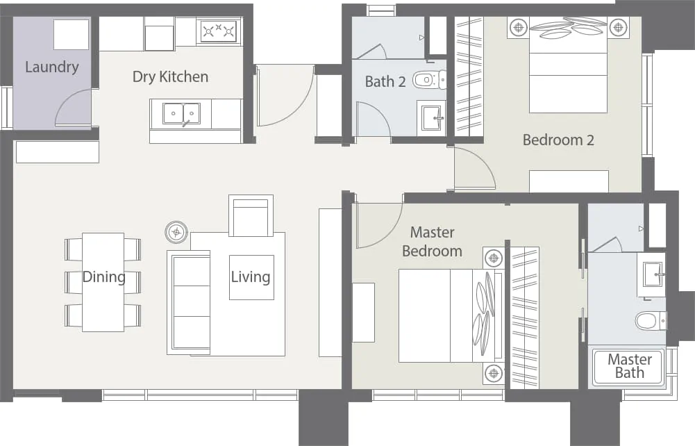 Cappella Embassy Type D3 floor plan — 1,119 sqft 2 bedroom with island kitchen